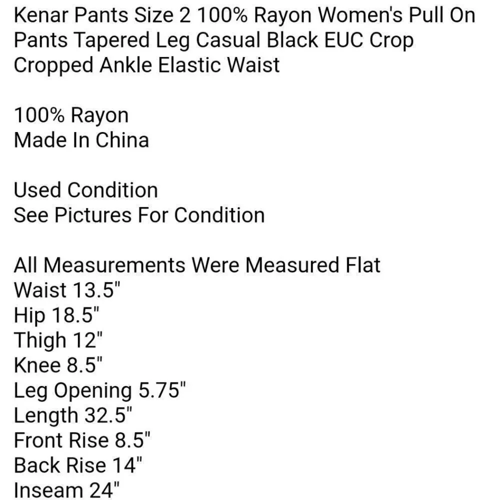 Kenar Pants Size 2 100% Rayon Women's Pull On Pants Tapered Leg Casual Black EUC